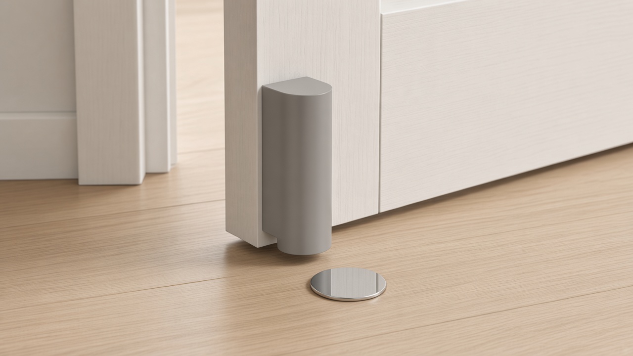 Warmgrijze HØFLIG deurstopper aan een deur, met magneetschijf op de vloer